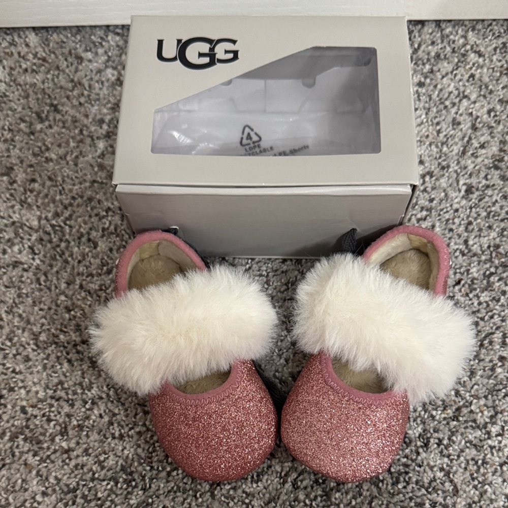 UGG Baby Sparkly Pink Slippers with Faux Fur